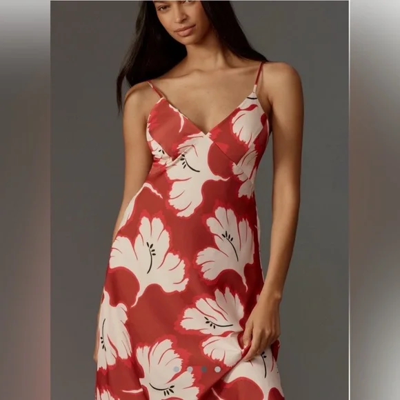 NWT Anthropologie Red and White Sleeveless V-Neck Slip Midi Dress, Size Medium - Picture 4 of 8